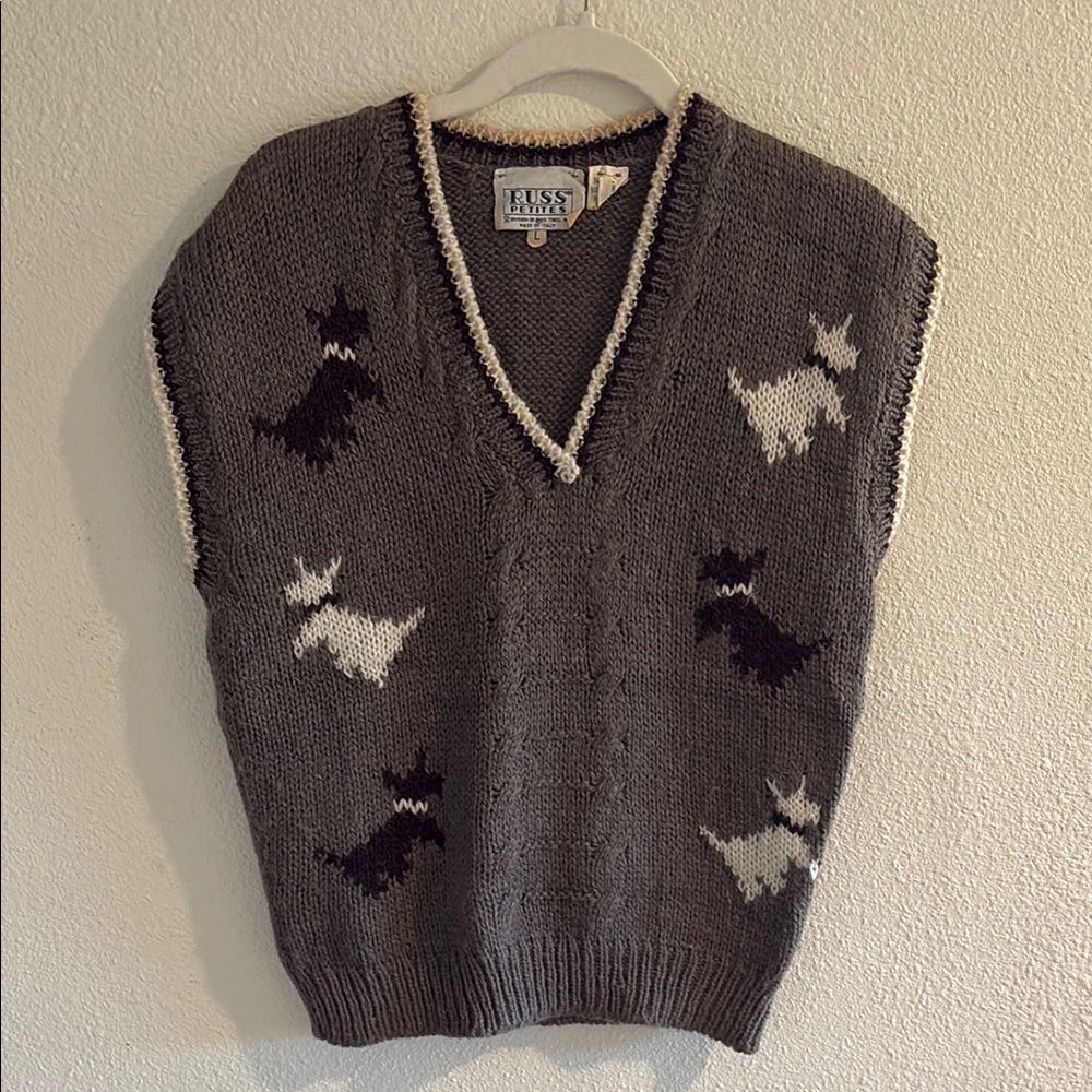 Russ Gray Knit Sweater Vest with Black and White Scottie Dog Motif